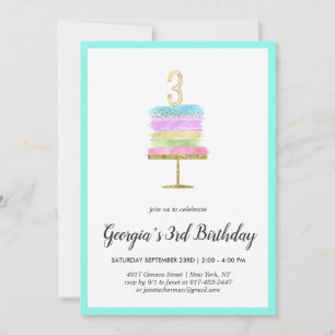 Rainbow Cake   3rd Birthday Invitation