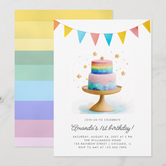 Rainbow Cake and Stars First Birthday Party Invitation (Front/Back)