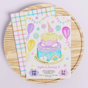 Rainbow Cake Birthday Party For Girls Invitation