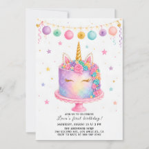 Rainbow Cake First Birthday Party Invite for Girls