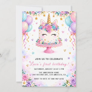 Rainbow Cake First Birthday Party Invite for Girls