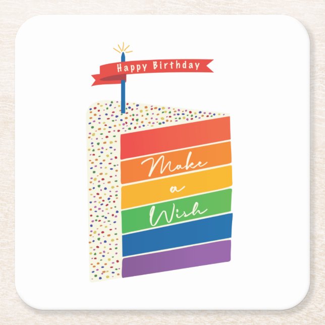Rainbow Cake Happy Birthday Make a Wish Square Paper Coaster (Front)