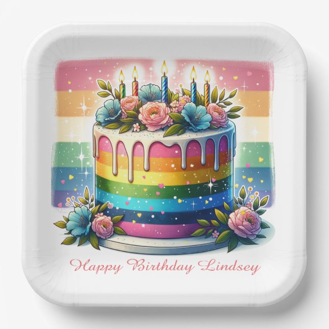 Rainbow Cake Happy Birthday Party Personalised Paper Plate (Front)