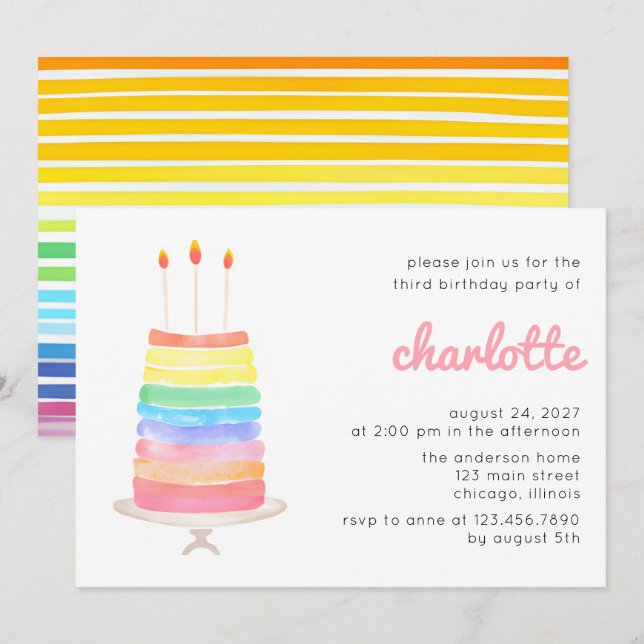 Rainbow Cake Kids Birthday Party Invitation (Front/Back)