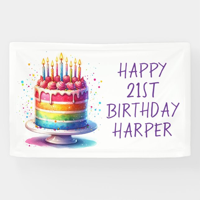 Rainbow Cake Personalised Happy Birthday Banner (Horizontal)