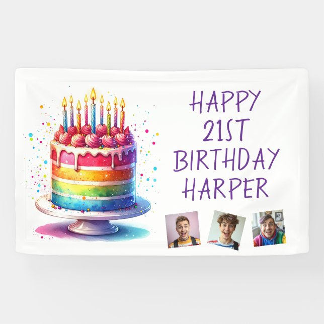 Rainbow Cake Personalised Photo Happy Birthday Banner (Horizontal)