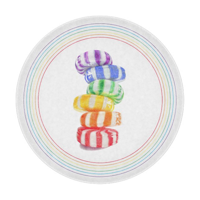 RAINBOW CANDY 12" Round Glass Cutting Board (Front)