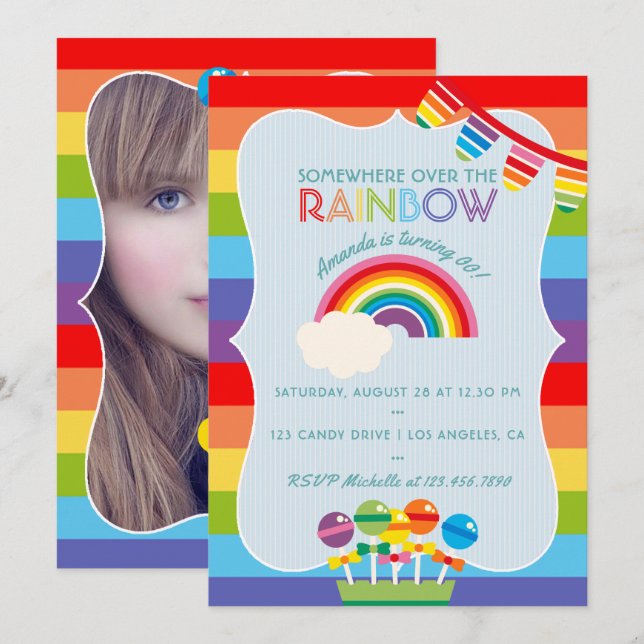 Rainbow Candy Birthday Party add photo invitation (Front/Back)