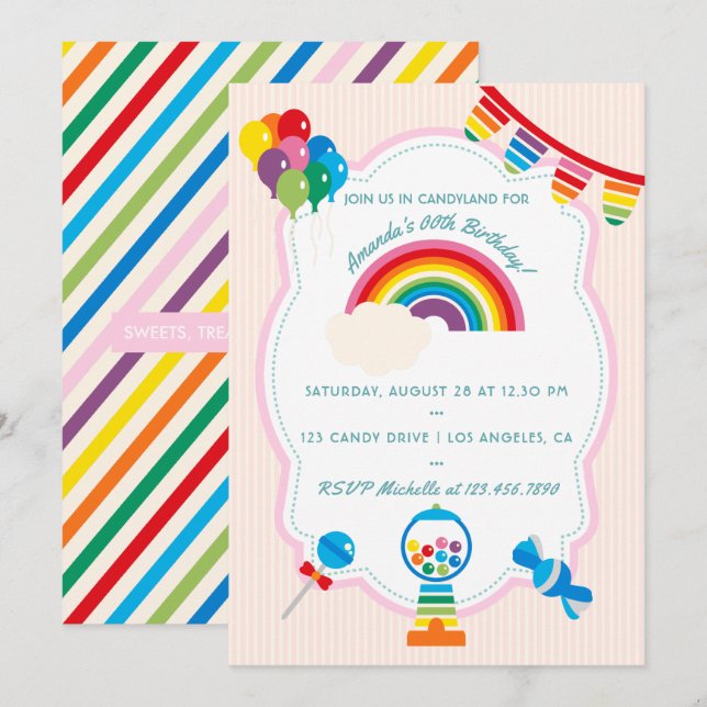 Rainbow Candy Birthday Party invitation (Front/Back)