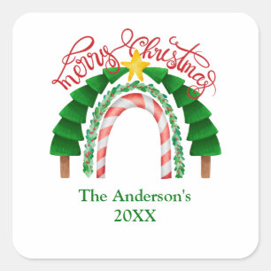  Rainbow Candy Cane Red Green Christmas Trees  Square Sticker