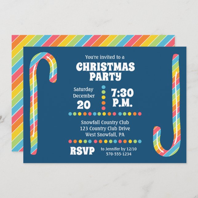 Rainbow Candy Canes Navy Blue Christmas Party Invitation (Front/Back)