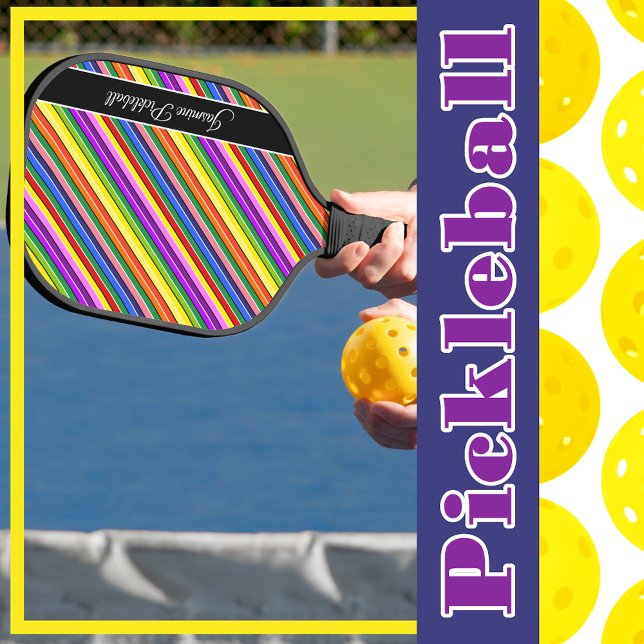 Rainbow Candy Coloured Striped Personalised Pickleball Paddle (Rainbow Candy Colored Striped Personalized Pickleball Paddle)