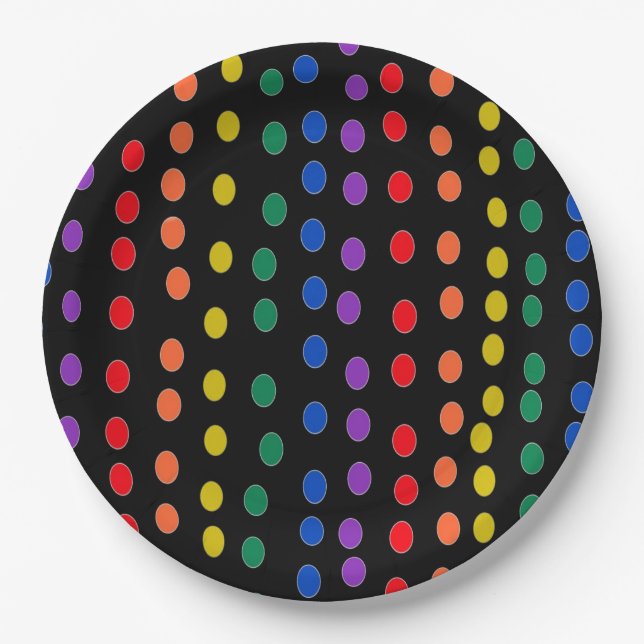 Rainbow Candy Dots on Black  Paper Plate (Front)