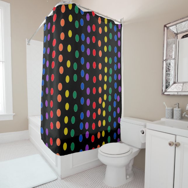 Rainbow Candy Dots on Black Shower Curtain (In Situ)