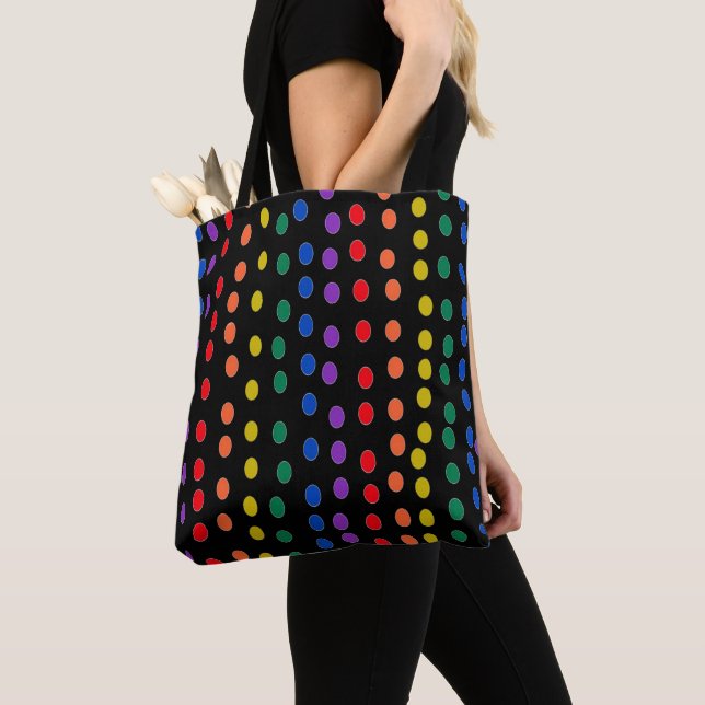 Rainbow Candy Dots on Black Tote Bag (Close Up)