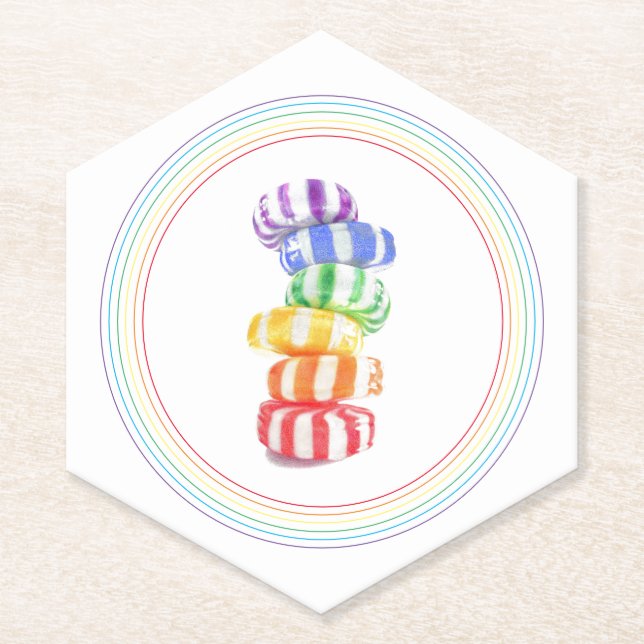 RAINBOW CANDY Pointed Hexagon Paper Coasters (Front)