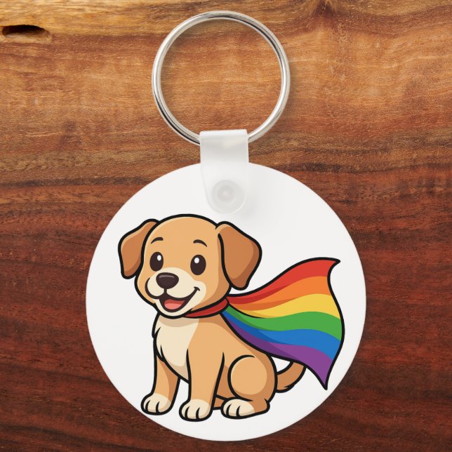 Rainbow Cape Puppy – LGBTQ++ Pride Design Key Ring (Front)