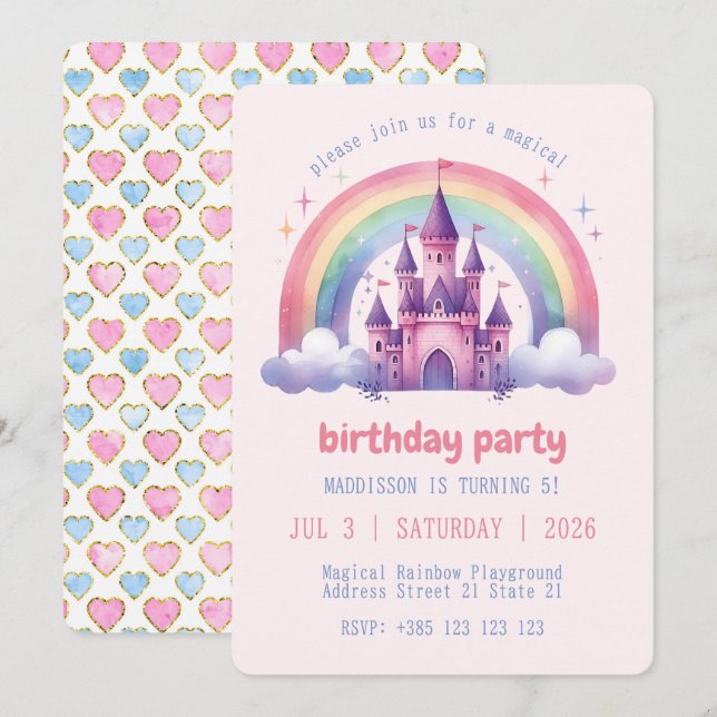 Rainbow Castle Girls Birthday Party Invitation  (Front/Back)