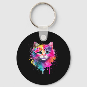 Rainbow Cat A Watercolor Paint Colorful Flowers Cu Key Ring