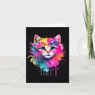 Rainbow Cat A Watercolor Paint Colourful Flowers C Card