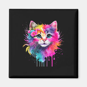 Rainbow Cat A Watercolor Paint Colourful Flowers C Magnet