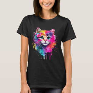Rainbow Cat A Watercolor Paint Colourful Flowers C T-Shirt