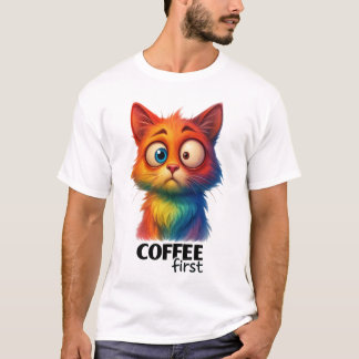 Rainbow Cat Coffee First Funny Art T-Shirt