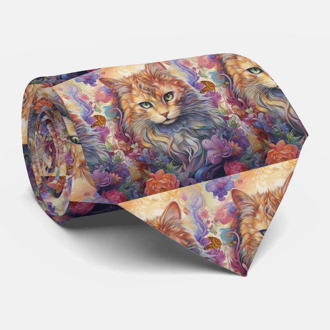 Rainbow Cat Flowers Butterfly Boho Tie (Rolled)