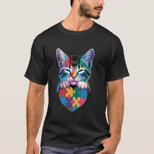 Rainbow Cat Hugging Heart, Cute Kitty Love Autism T-Shirt