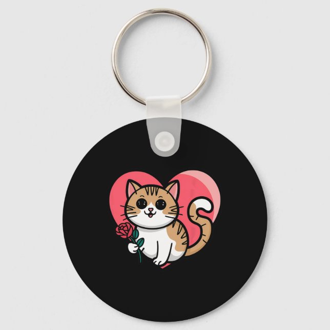 Rainbow Cat Hugging Heart Cute Valentine Graphic D Key Ring (Front)