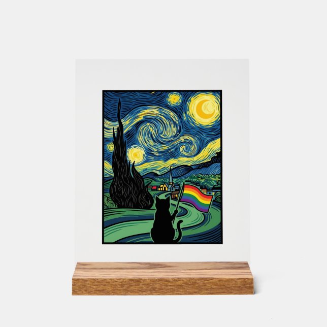 Rainbow Cat Night Landscape Vector Shirt Design_1 Acrylic Sign (Front)