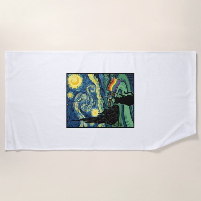 Rainbow Cat Night Landscape Vector Shirt Design_1 Beach Towel (Front)