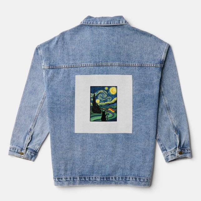 Rainbow Cat Night Landscape Vector Shirt Design_1 Denim Jacket (Back)