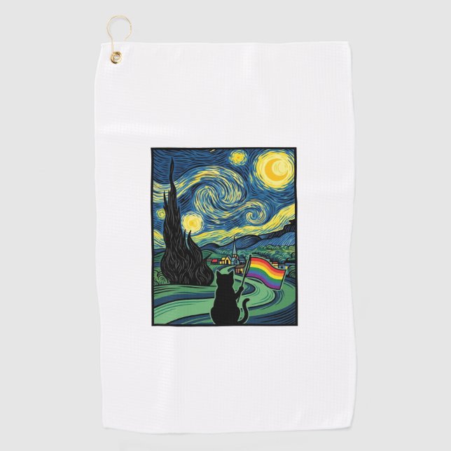 Rainbow Cat Night Landscape Vector Shirt Design_1 Golf Towel (Front)