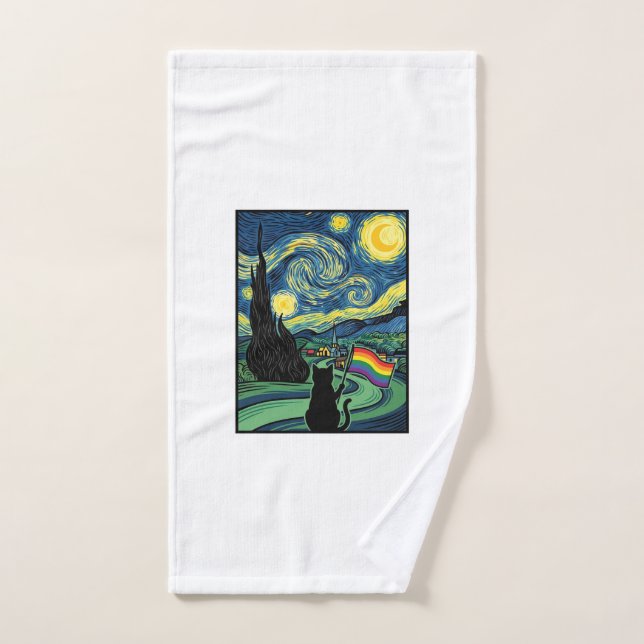 Rainbow Cat Night Landscape Vector Shirt Design_1 Hand Towel (Hand Towel)