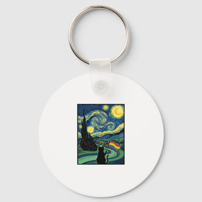 Rainbow Cat Night Landscape Vector Shirt Design_1 Key Ring (Front)