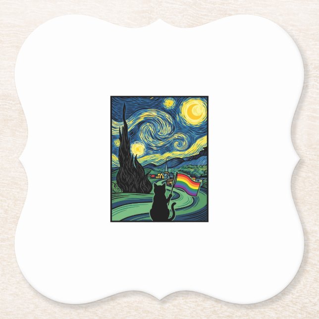 Rainbow Cat Night Landscape Vector Shirt Design_1 Paper Coaster (Front)