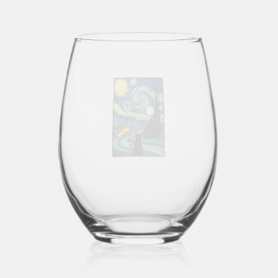 Rainbow Cat Night Landscape Vector Shirt Design_1 Stemless Wine Glass