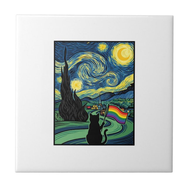 Rainbow Cat Night Landscape Vector Shirt Design_1 Tile (Front)