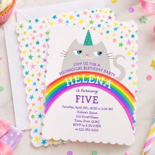 Rainbow Cat Unicorn 5th Birthday Invitation