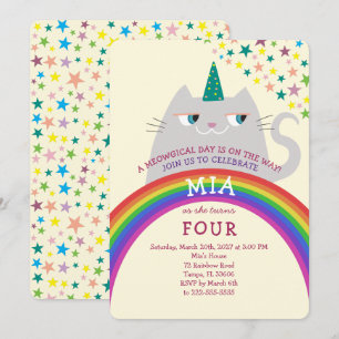 Rainbow Cat Unicorn Girl 4th Birthday Invitation