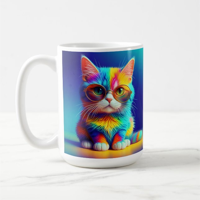 Rainbow Cat With Glasses Portrait-47567 Coffee Mug (Left)