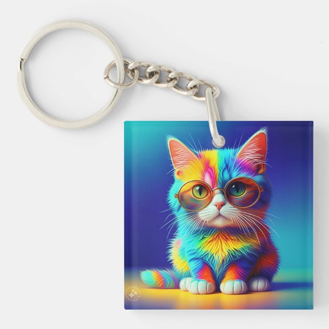 Rainbow Cat With Glasses Portrait-47567 Key Ring (Front)