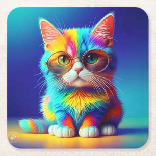 Rainbow Cat With Glasses Portrait-47567 Square Paper Coaster