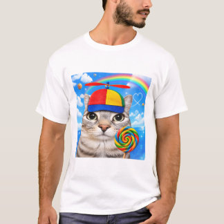 Rainbow Cat With Lollipop Funny Cute Cat Gamer T-Shirt