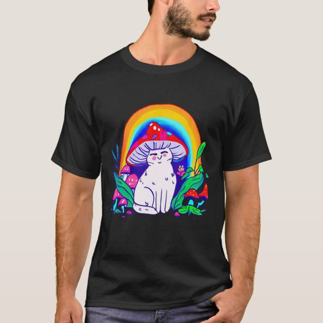 Rainbow Cat With Mushroom Hat T-Shirt (Front)