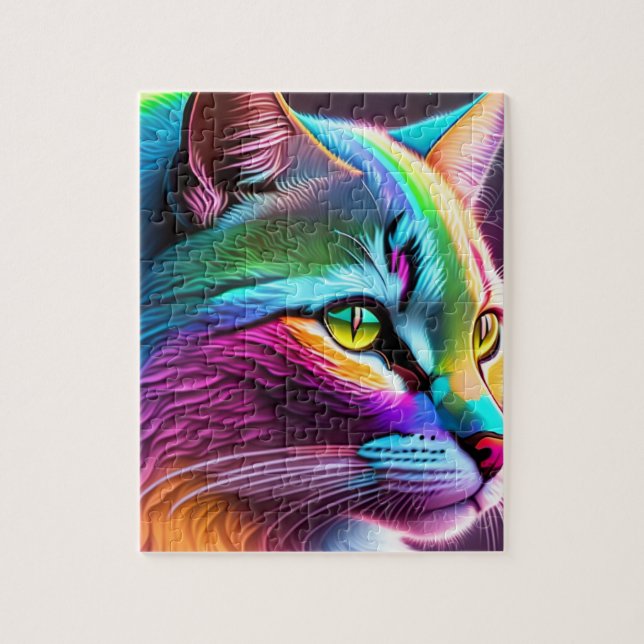 Rainbow Cat With Neon Lights, Colourful Cat Jigsaw Puzzle (Vertical)