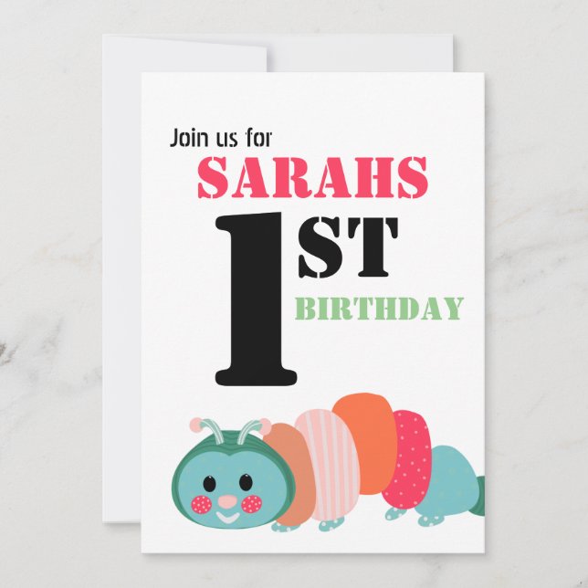Rainbow Caterpillar Cute First Birthday Invitation (Front)