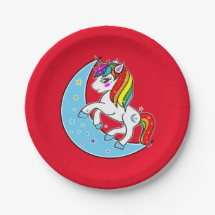 Rainbow Celestial Blue Moon & Stars Unicorn Paper Plate