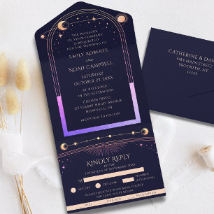 Rainbow Celestial Sun Moon Stars Navy Wedding All In One Invitation